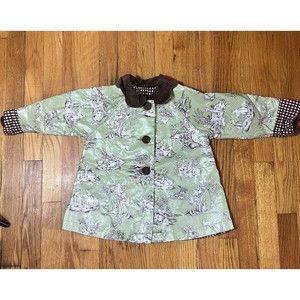 Peaches ‘n Cream Vintage Girl’s 2T Raincoat Corduroy Trim Farm Scene Mint Green